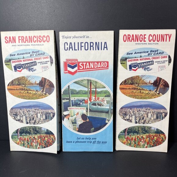 VTG. 1968 Lot Of 3 Chevron Maps Califorina, Orange County, San Francisco USA - Picture 1 of 14
